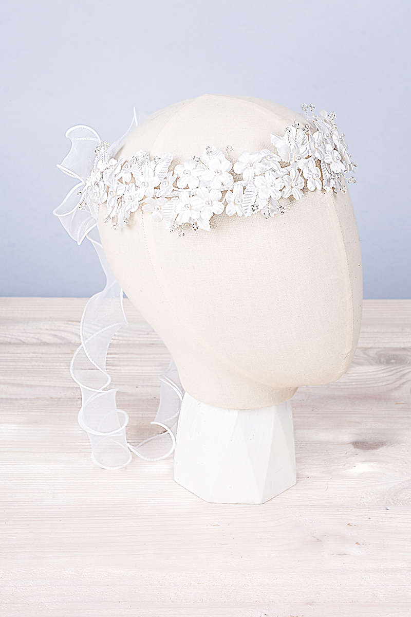 Obfity biały wianek z kwiatkami i perełkami - 33N