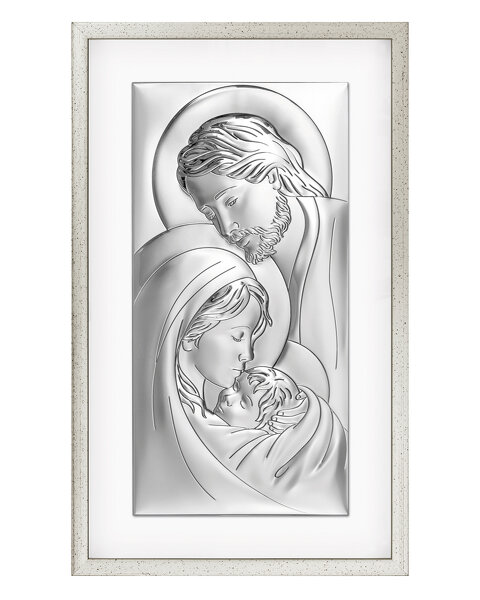 Obraz z wizerunkiem Św. Rodziny w srebrnej ramie za szkłem, prostokątny