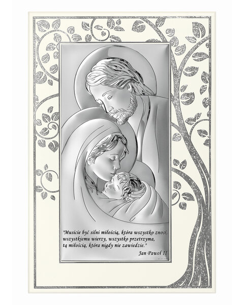 Obrazek z wizerunkiem Św. Rodziny z cytatem na białym drewnie
