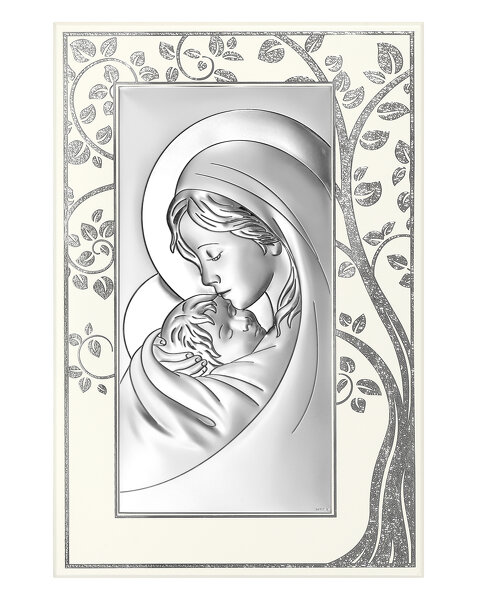 Obrazek z wizerunkiem Matki Bożej na białym drewnie, z drzewem