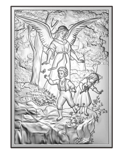 Obrazek z wizerunkiem Anioła Stróża nad bawiącymi się dziećmi