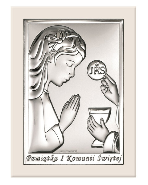 Obrazek na pamiątkę I Komunii Św. z dziewczynką na białym drewienku